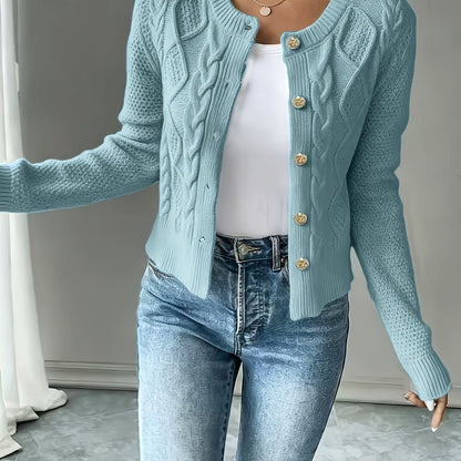 Dames Gebreid Korte Cardigan Met Kabelpatroon En Gouden Knopen
