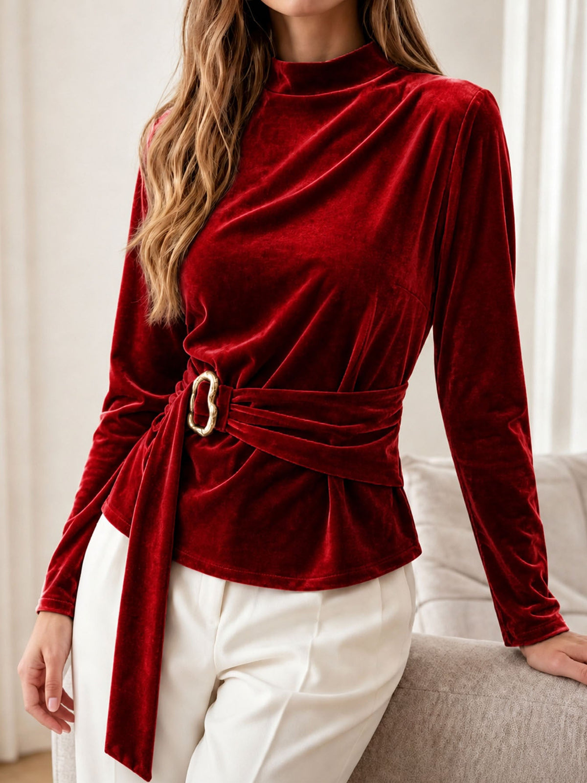 Trui Dames Met Hoge Kraag – Sweater Met Fluwelen Banddetail