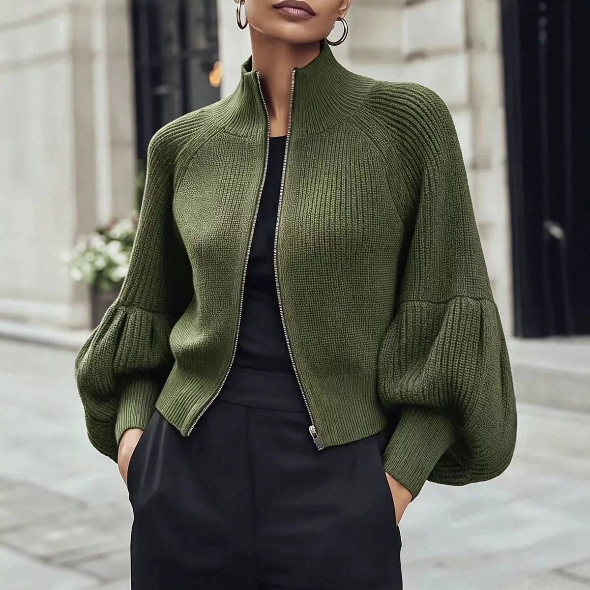 Kort Gebreid Vest Dames – Cropped Cardigan Met Pofmouwen