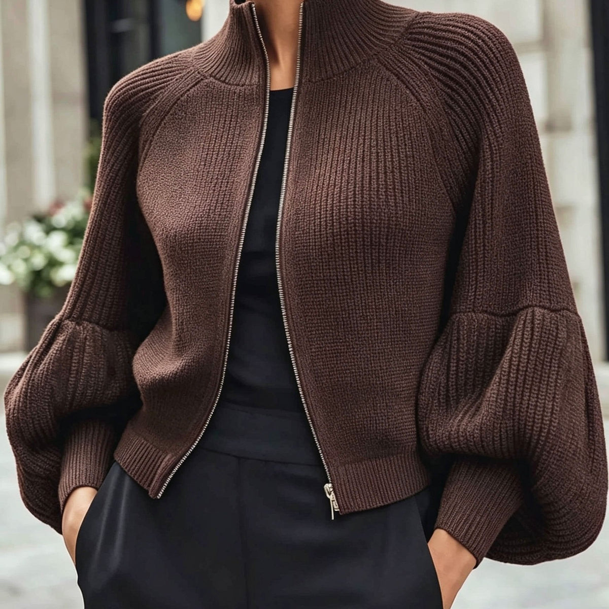 Vest Dames Met Pofmouwen – Cardigan Met Rits