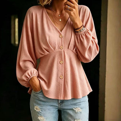 Blouse Dames Met V-Hals – Peplum Top Met Ballonmouwen