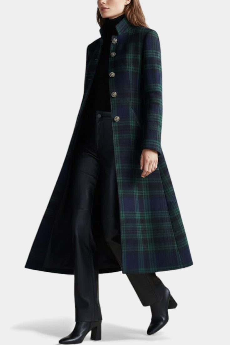 Lange Dames Wollen Mantel Met Geruite Print En Opstaande Kraag