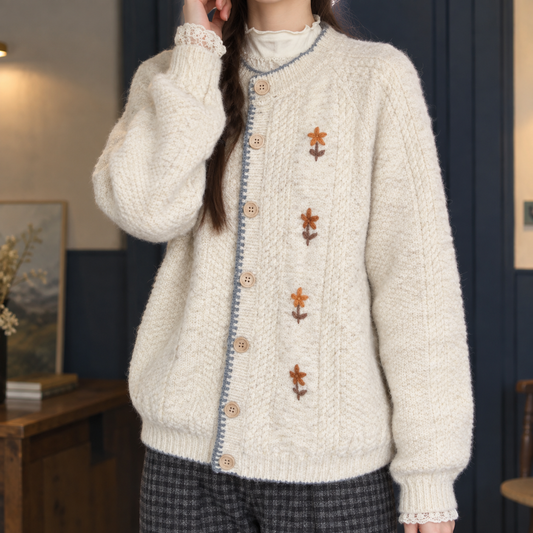 Witte Oversized Dames Cardigan Met Bloemborduurwerk En Knopen
