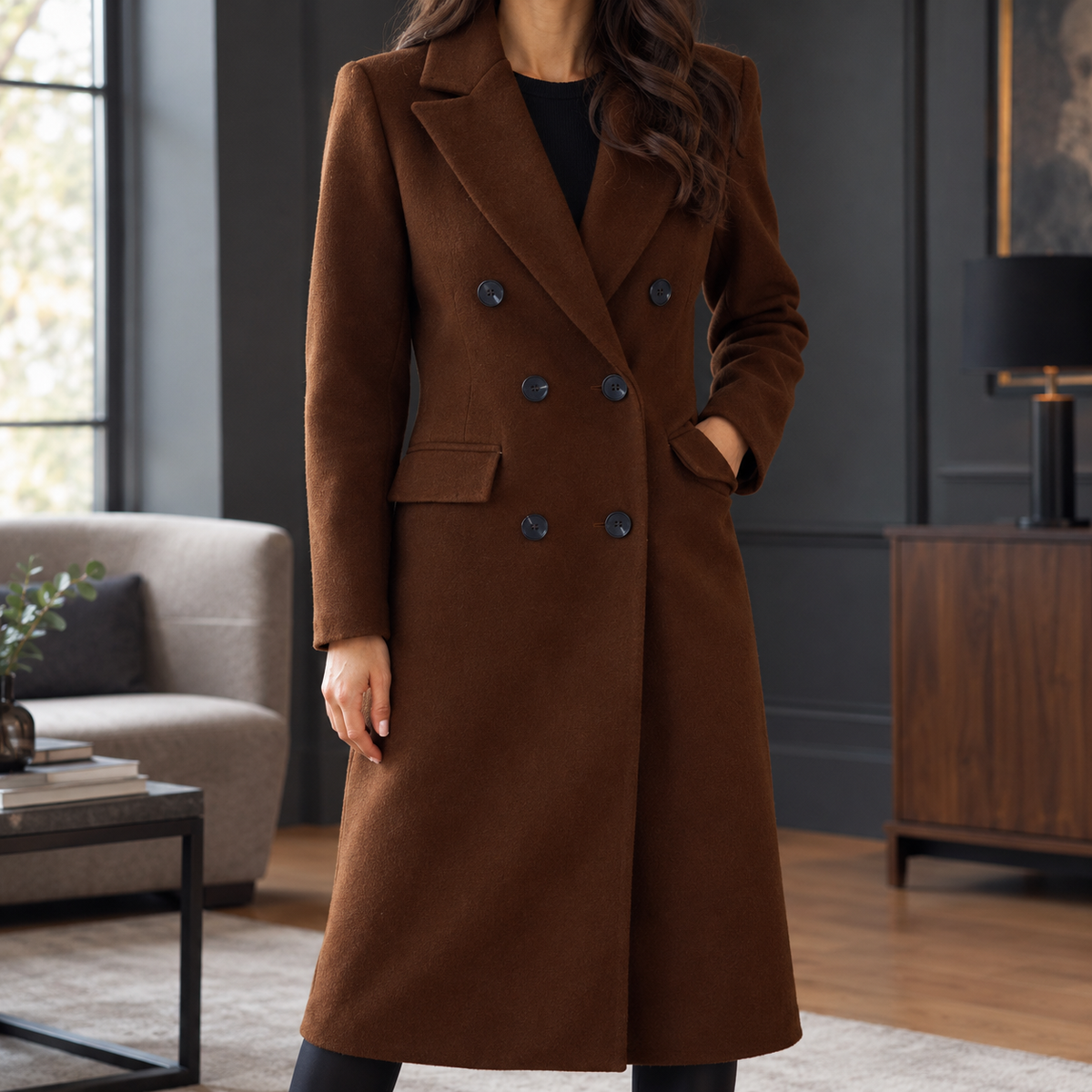 Lange Dames Mantel Jas Met Revers En Dubbele Knoopsluiting