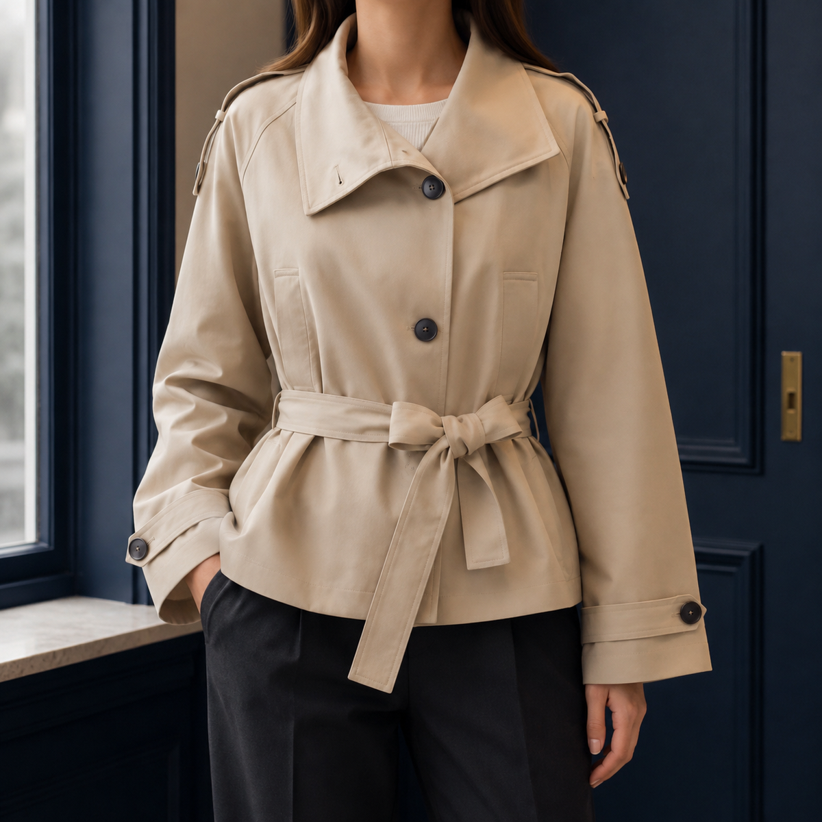 Beige Korte Dames Trenchcoat Met Ceintuur En Knoopsluiting