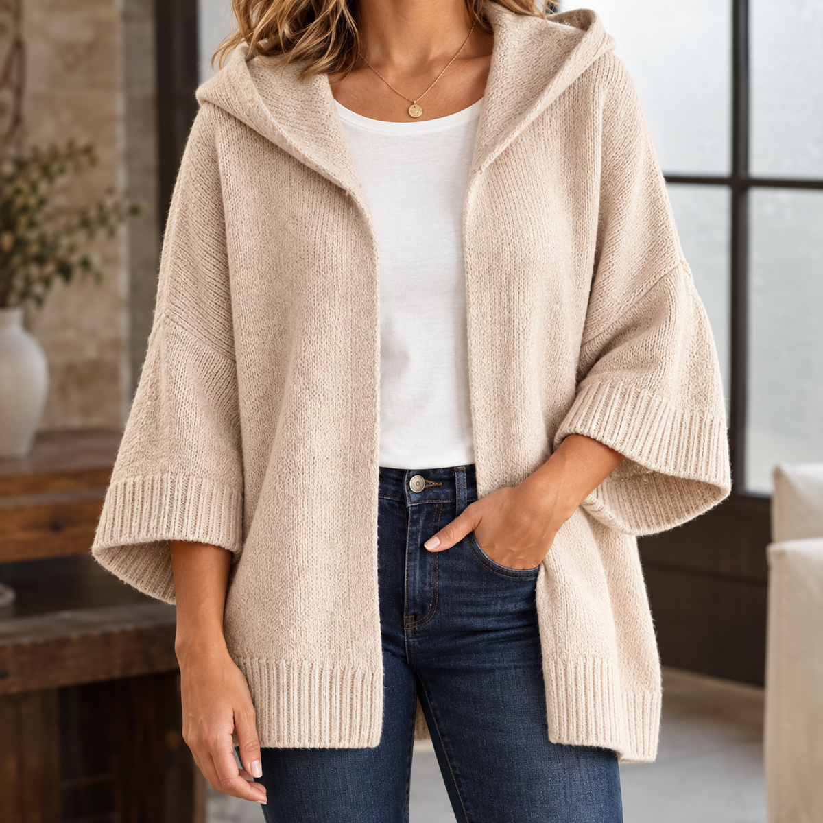 Warme Dames Vest Met Capuchon En Wijde Driekwart Mouwen