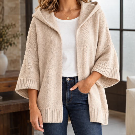 Warme Dames Vest Met Capuchon En Wijde Driekwart Mouwen