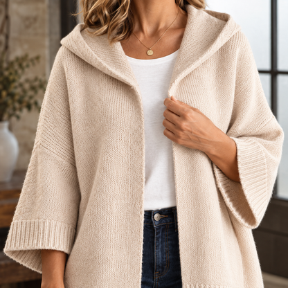 Warme Dames Vest Met Capuchon En Wijde Driekwart Mouwen