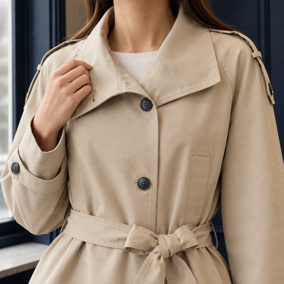Beige Korte Dames Trenchcoat Met Ceintuur En Knoopsluiting