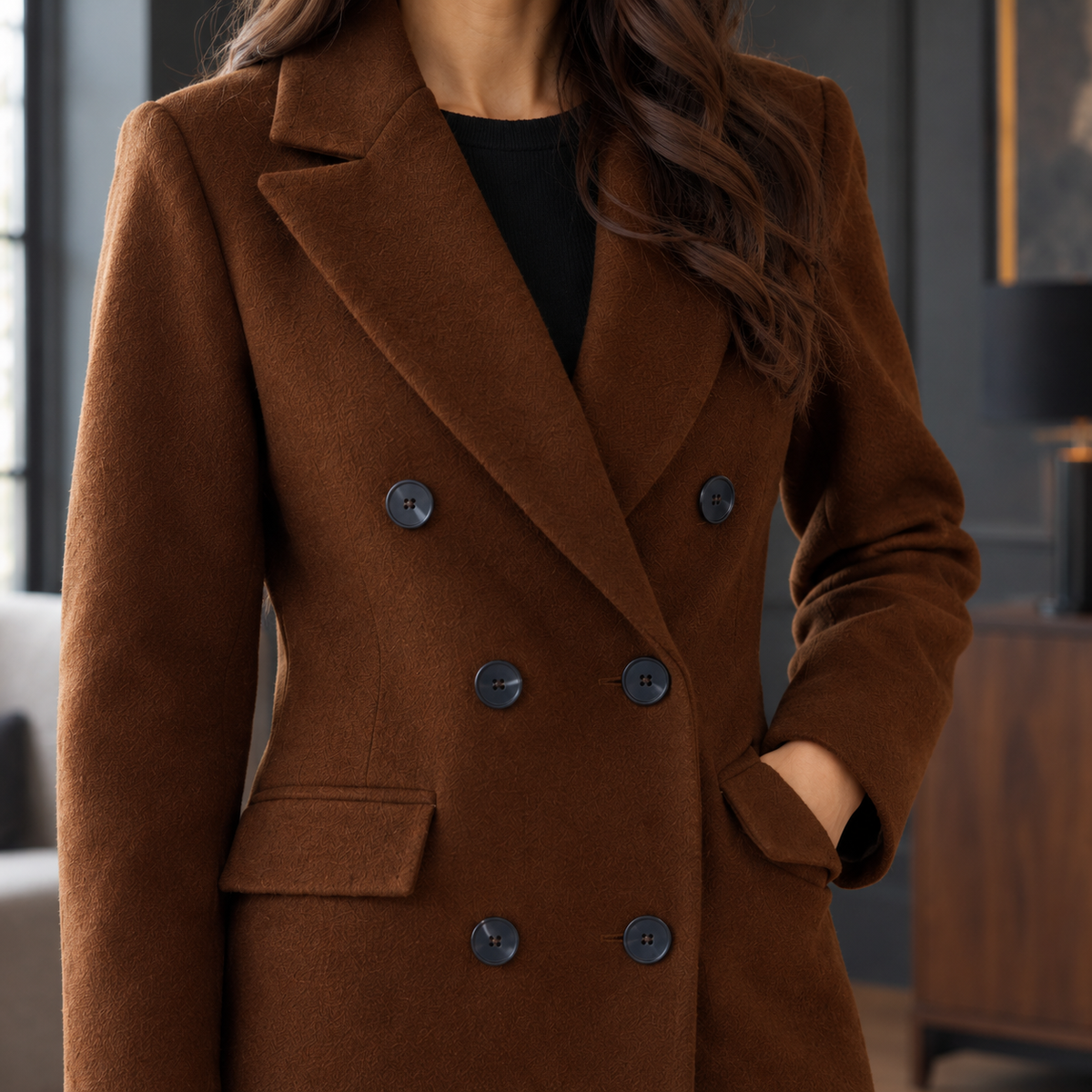 Lange Dames Mantel Jas Met Revers En Dubbele Knoopsluiting