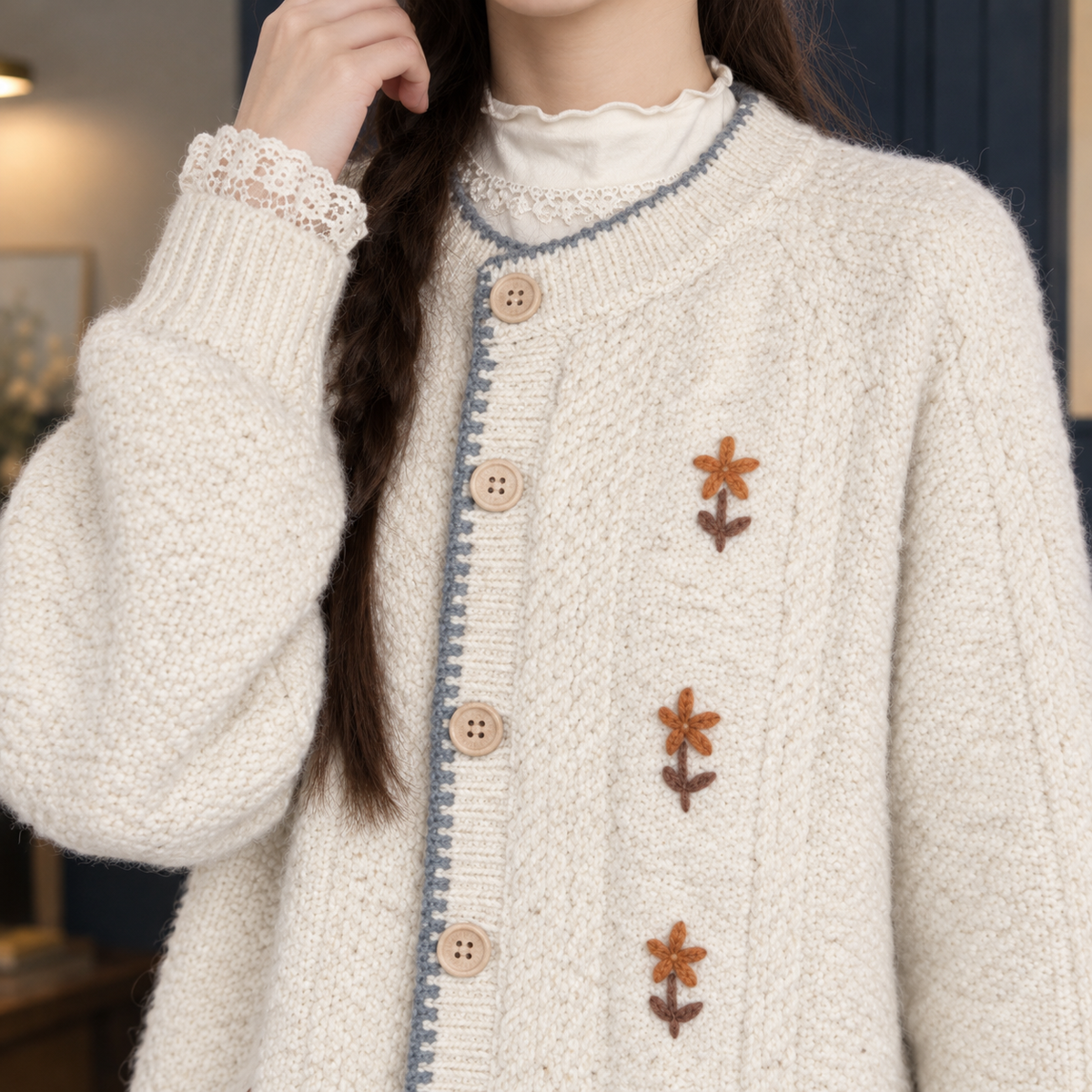 Witte Oversized Dames Cardigan Met Bloemborduurwerk En Knopen