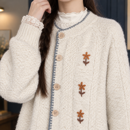 Witte Oversized Dames Cardigan Met Bloemborduurwerk En Knopen