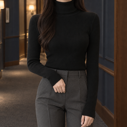Geribde Dames Coltrui Met Lange Mouwen En Slim Fit