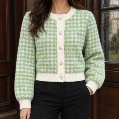 Geruit Dames Cardigan Met Ronde Hals En Knoopsluiting