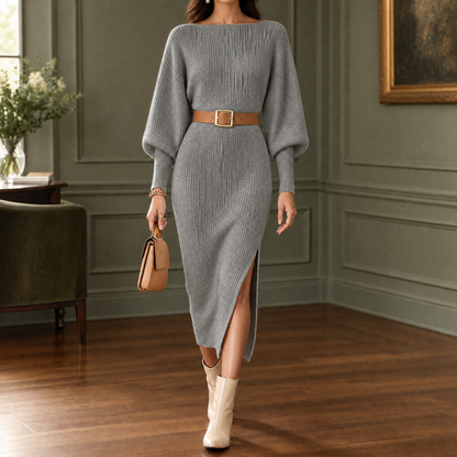 Dames Midi Trui Jurk Met Ballonmouwen En Tailleceintuur