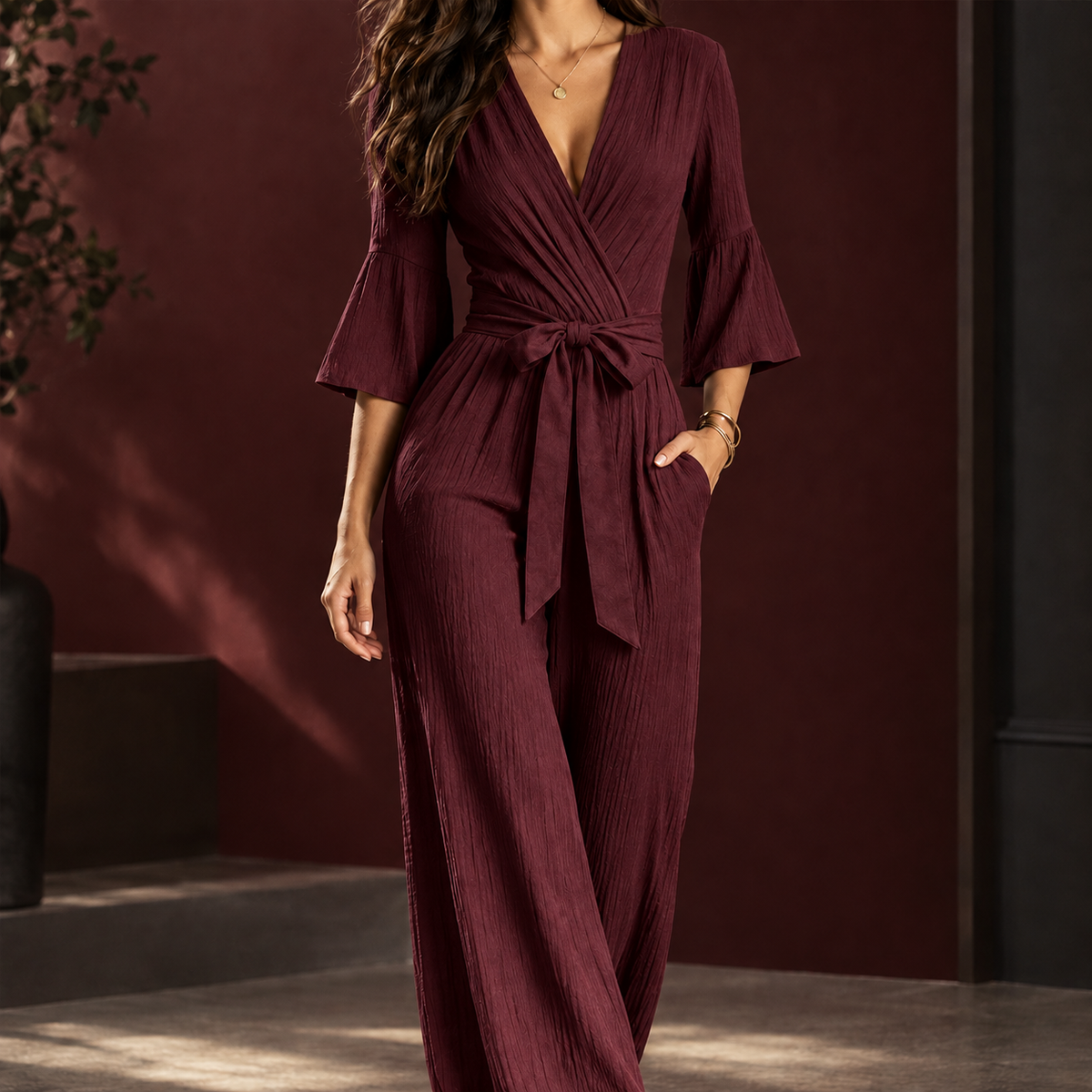 Elegante Dames Jumpsuit Met Wikkelmodel En Tailleceintuur