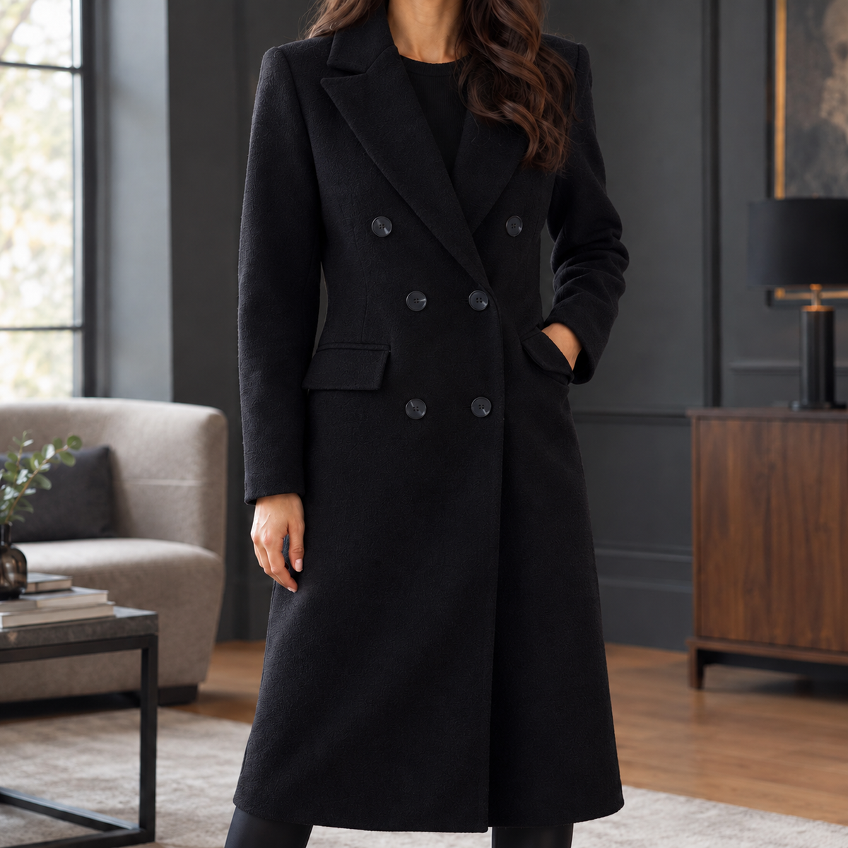 Lange Dames Mantel Jas Met Revers En Dubbele Knoopsluiting