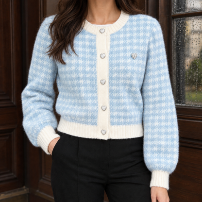 Geruit Dames Cardigan Met Ronde Hals En Knoopsluiting