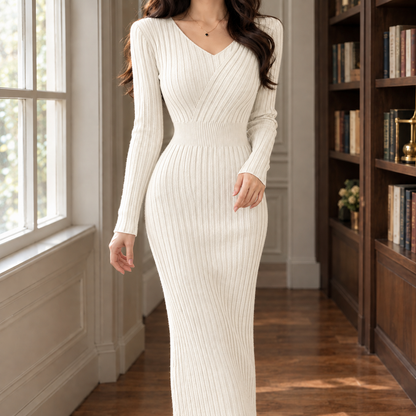 Bodycon Dames Maxi Sweaterjurk Met V-Hals En Lange Mouwen