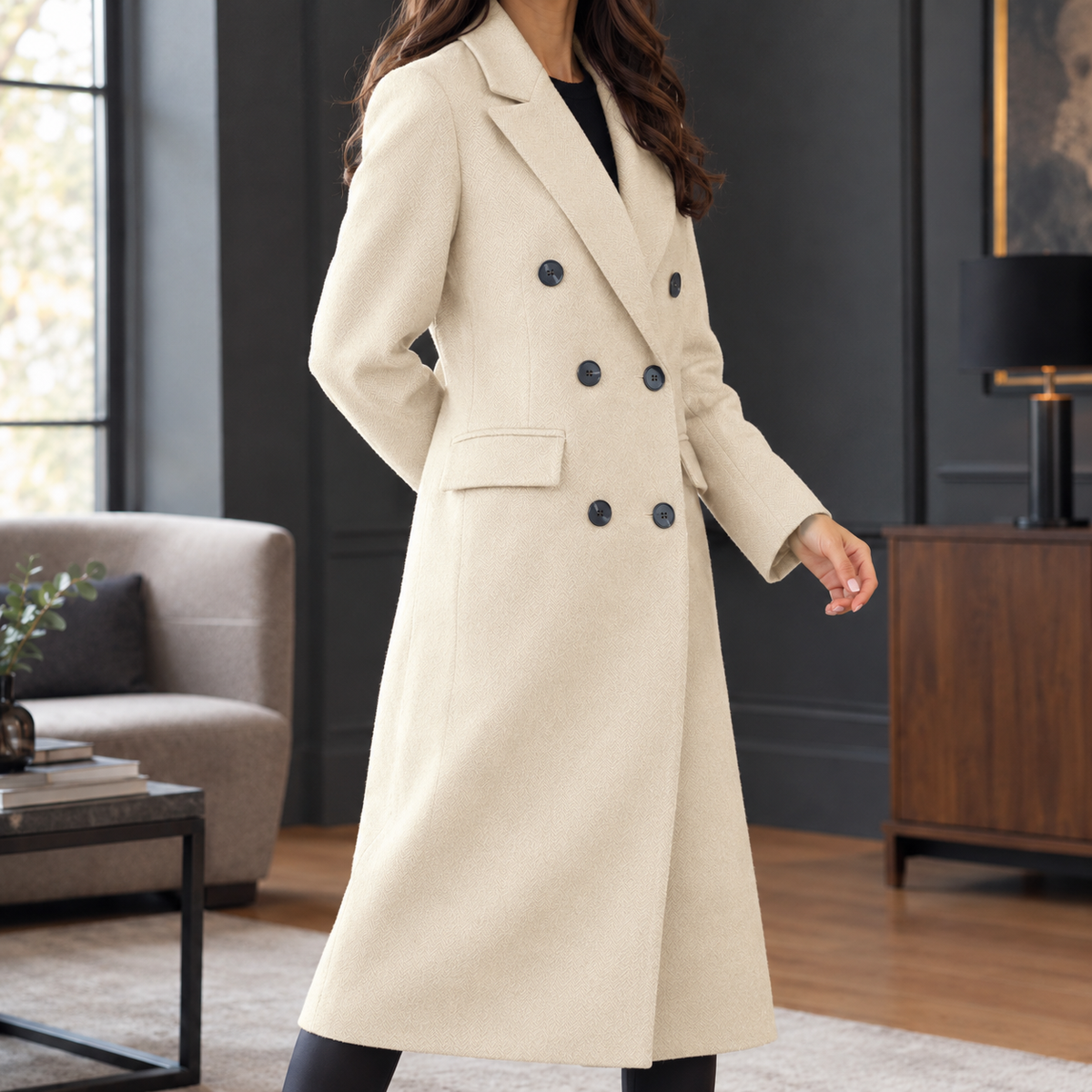 Lange Dames Mantel Jas Met Revers En Dubbele Knoopsluiting
