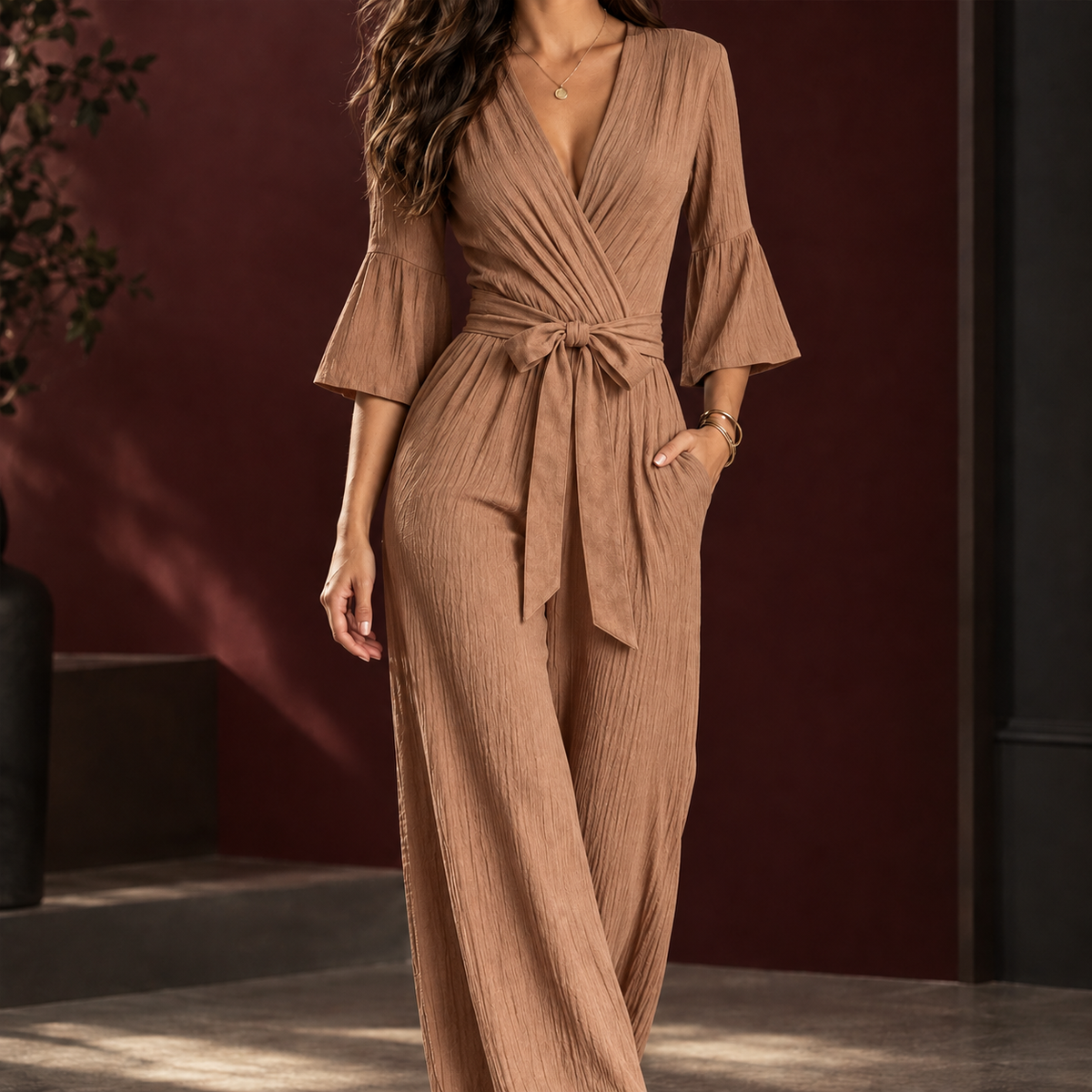 Elegante Dames Jumpsuit Met Wikkelmodel En Tailleceintuur