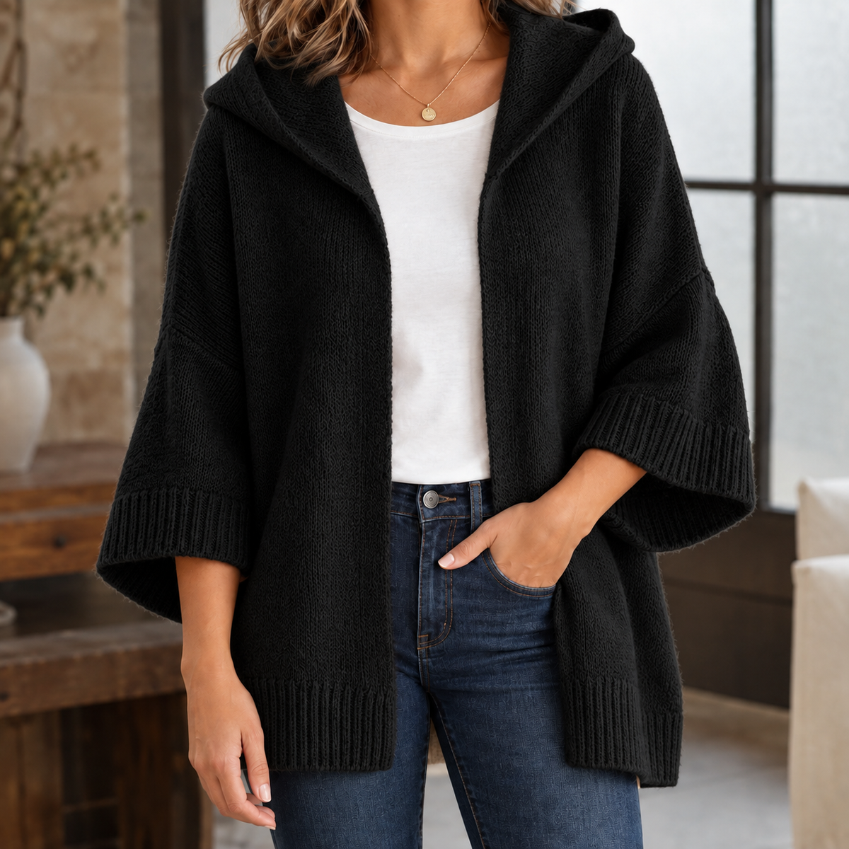 Warme Dames Vest Met Capuchon En Wijde Driekwart Mouwen