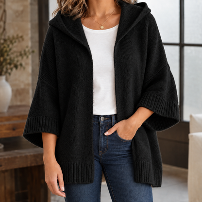 Warme Dames Vest Met Capuchon En Wijde Driekwart Mouwen