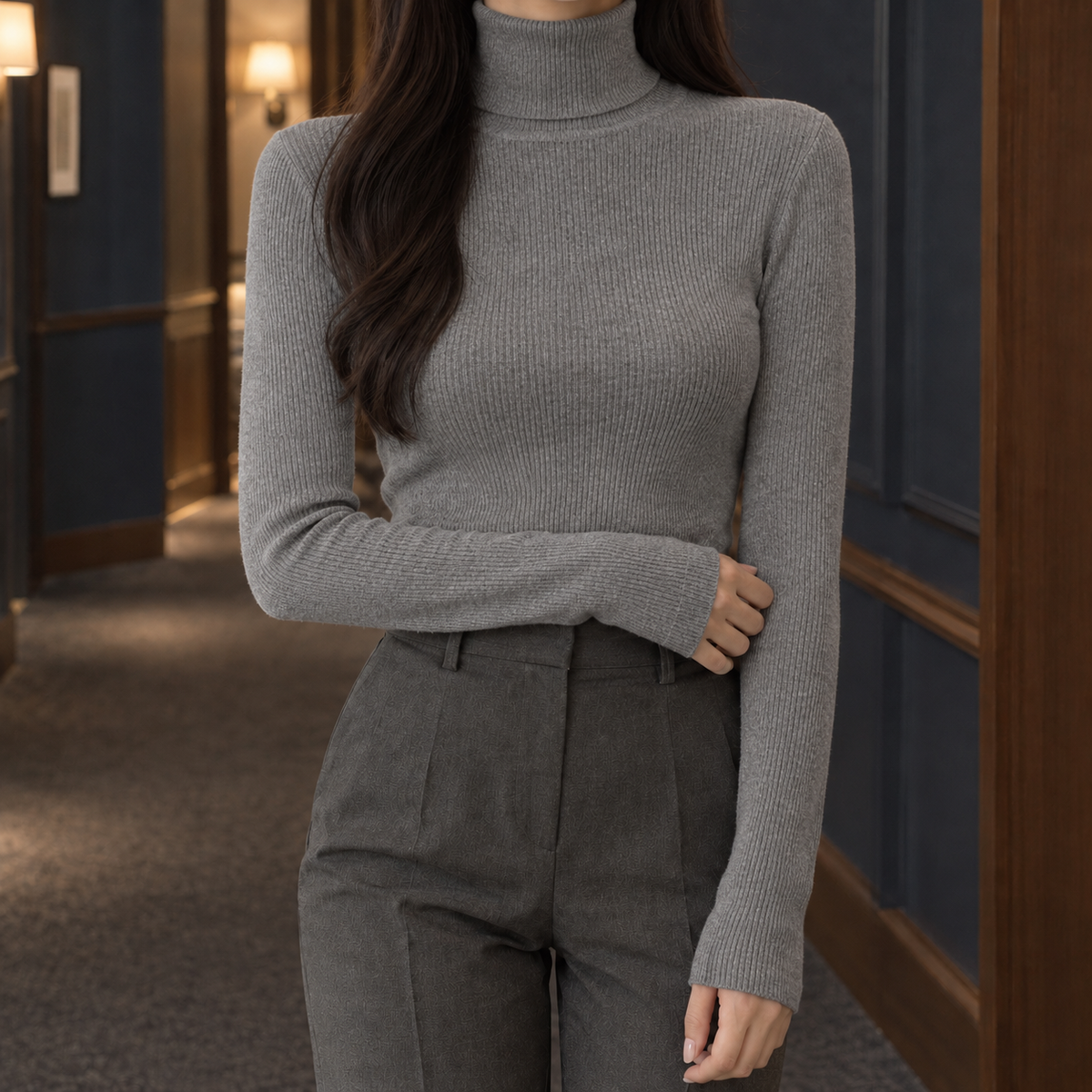 Geribde Dames Coltrui Met Lange Mouwen En Slim Fit
