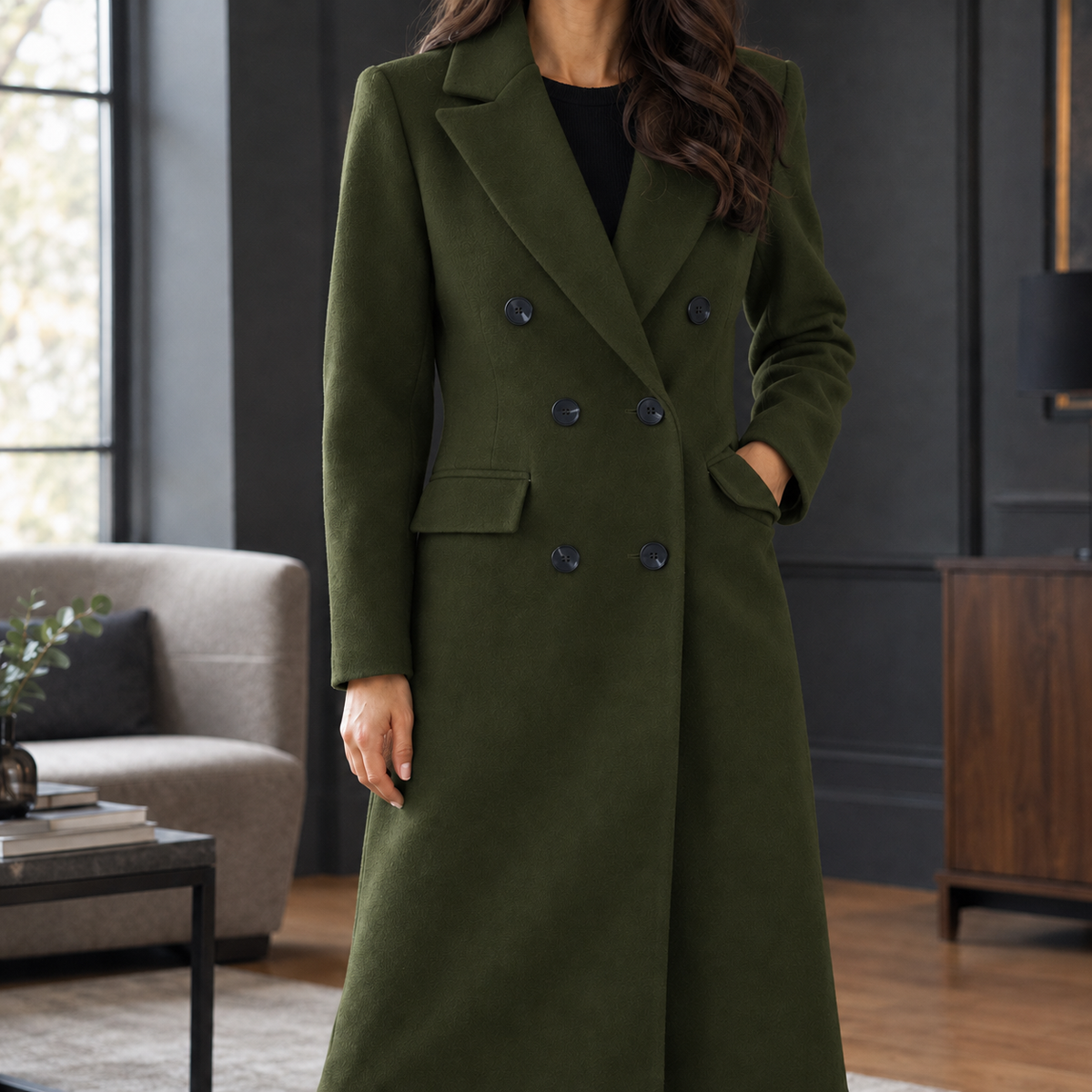 Lange Dames Mantel Jas Met Revers En Dubbele Knoopsluiting