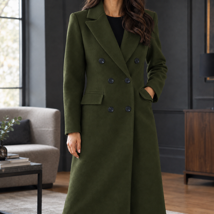 Lange Dames Mantel Jas Met Revers En Dubbele Knoopsluiting
