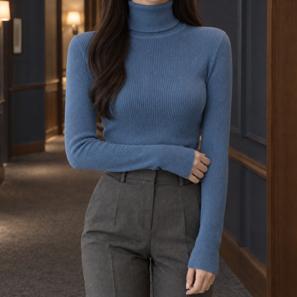 Geribde Dames Coltrui Met Lange Mouwen En Slim Fit