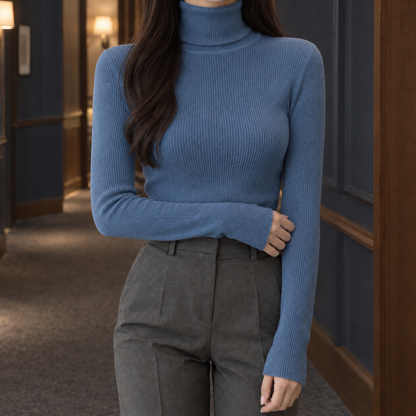 Geribde Dames Coltrui Met Lange Mouwen En Slim Fit