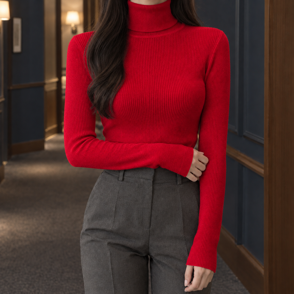 Geribde Dames Coltrui Met Lange Mouwen En Slim Fit