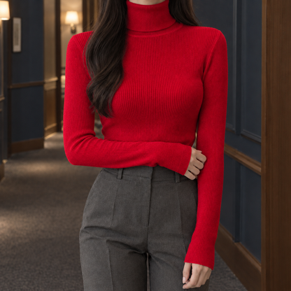 Geribde Dames Coltrui Met Lange Mouwen En Slim Fit