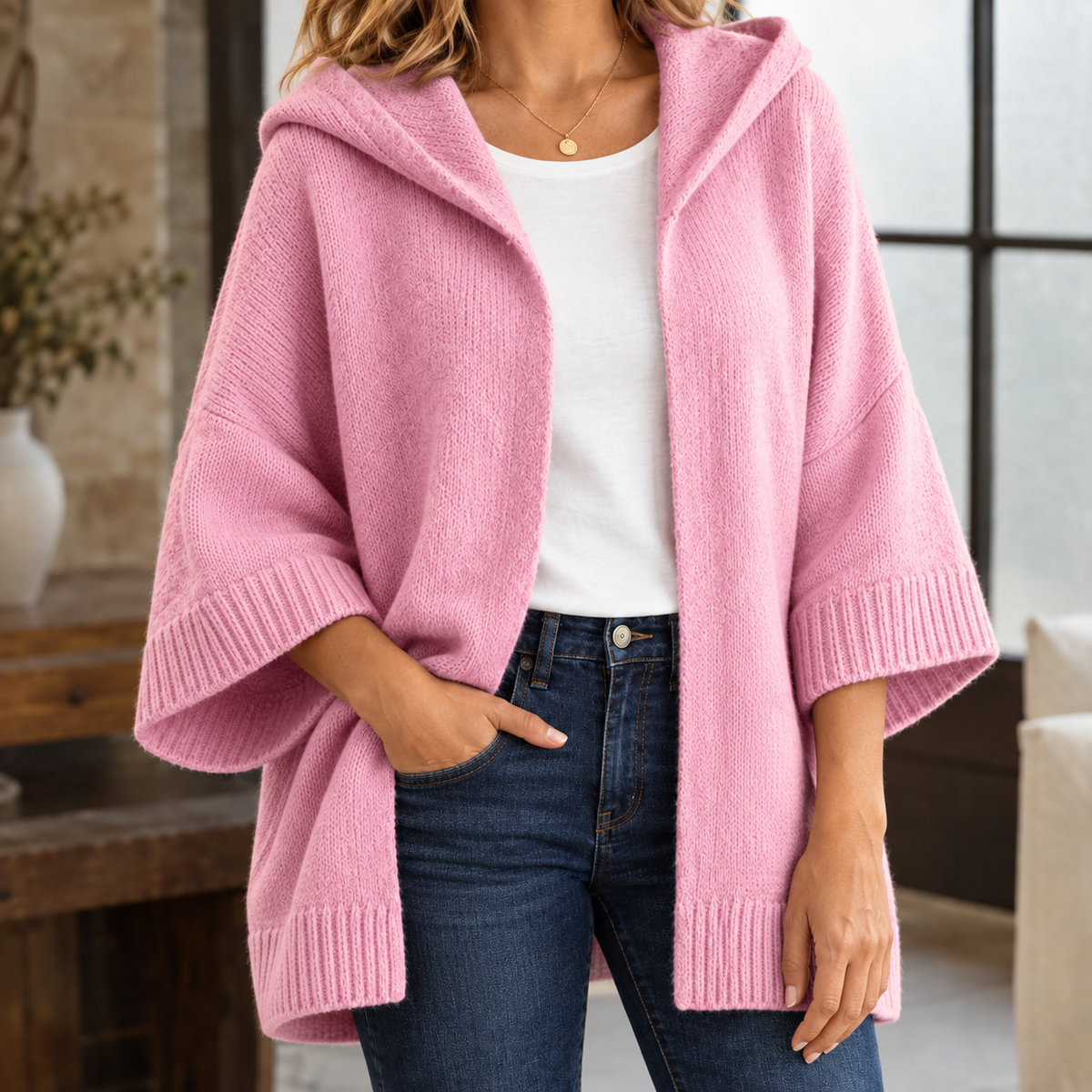 Warme Dames Vest Met Capuchon En Wijde Driekwart Mouwen