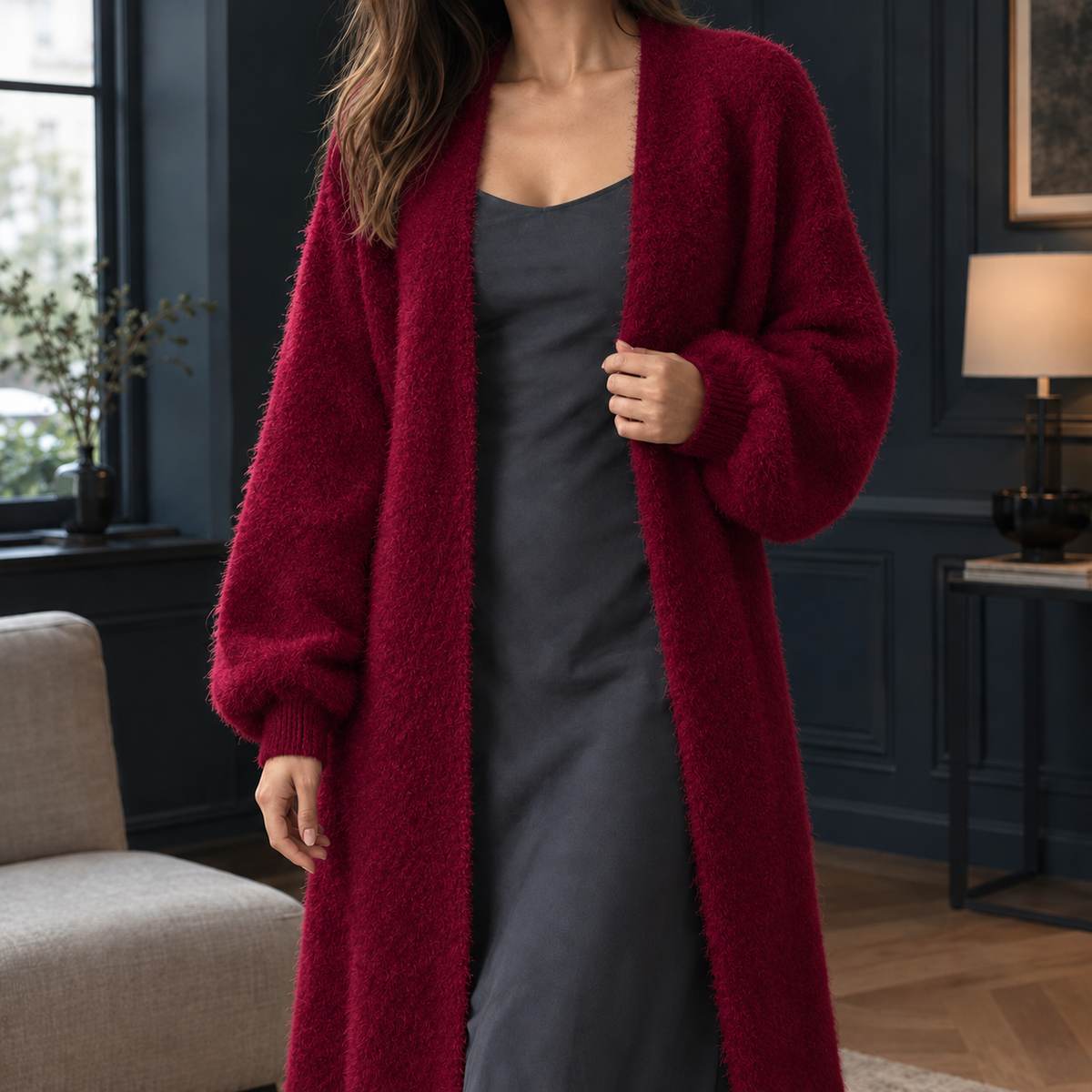 Lange Dames Cardigan Met Open Voorkant En Zachte Structuur