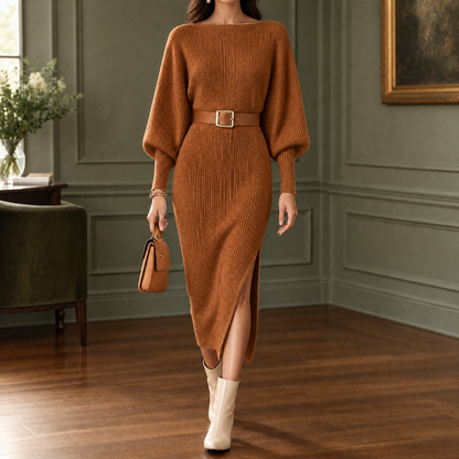 Dames Midi Trui Jurk Met Ballonmouwen En Tailleceintuur