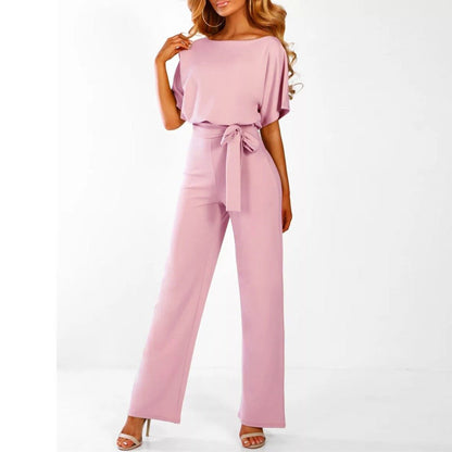 Wijde Dames Jumpsuit Met Strikceintuur En Korte Mouwen