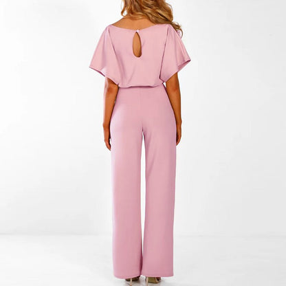 Wijde Dames Jumpsuit Met Strikceintuur En Korte Mouwen