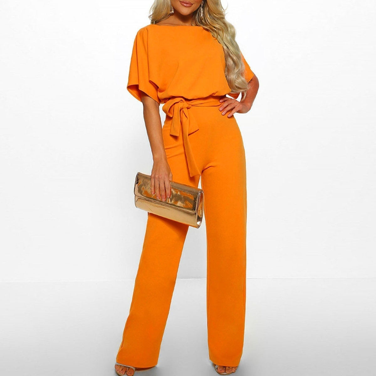 Wijde Dames Jumpsuit Met Strikceintuur En Korte Mouwen