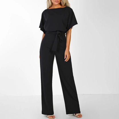 Wijde Dames Jumpsuit Met Strikceintuur En Korte Mouwen