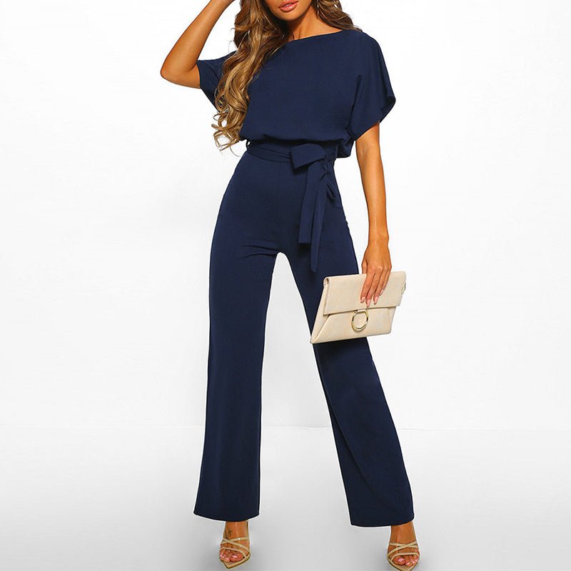 Wijde Dames Jumpsuit Met Strikceintuur En Korte Mouwen