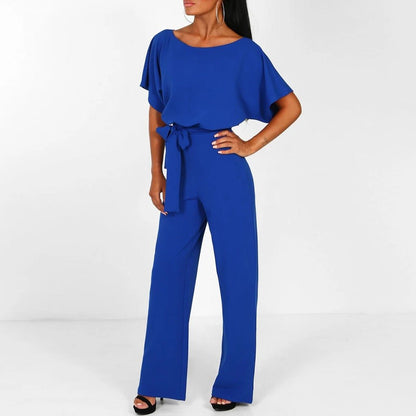 Wijde Dames Jumpsuit Met Strikceintuur En Korte Mouwen