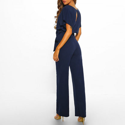 Wijde Dames Jumpsuit Met Strikceintuur En Korte Mouwen