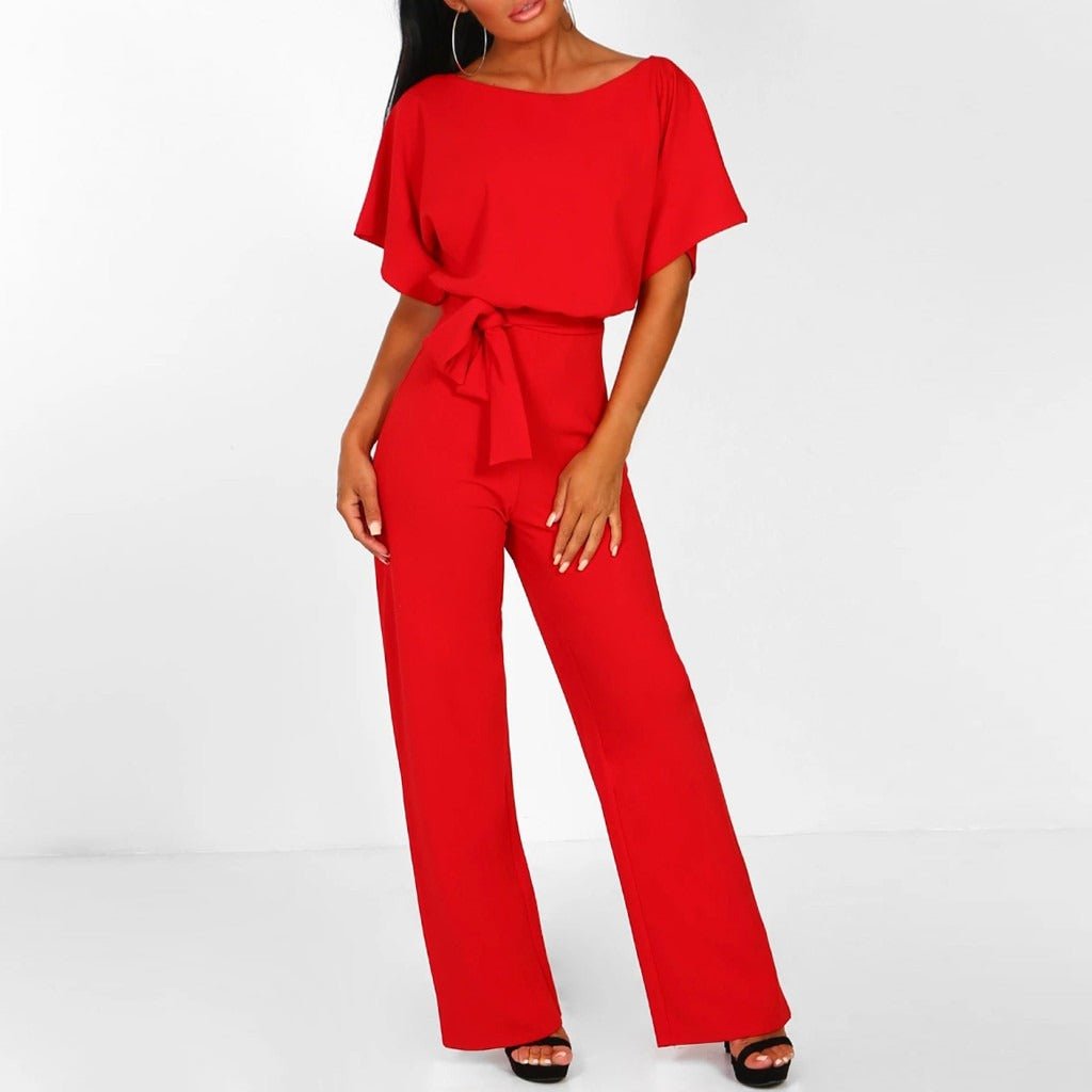 Wijde Dames Jumpsuit Met Strikceintuur En Korte Mouwen
