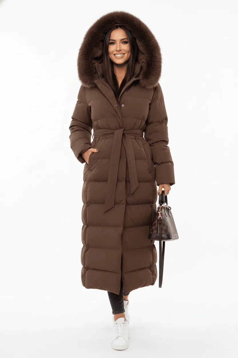 Lange Puffer Jas Dames Met Bontkraag – Gewatteerde Winterjas Met Ceintuur