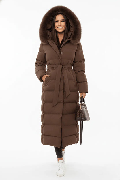 Lange Puffer Jas Dames Met Bontkraag – Gewatteerde Winterjas Met Ceintuur