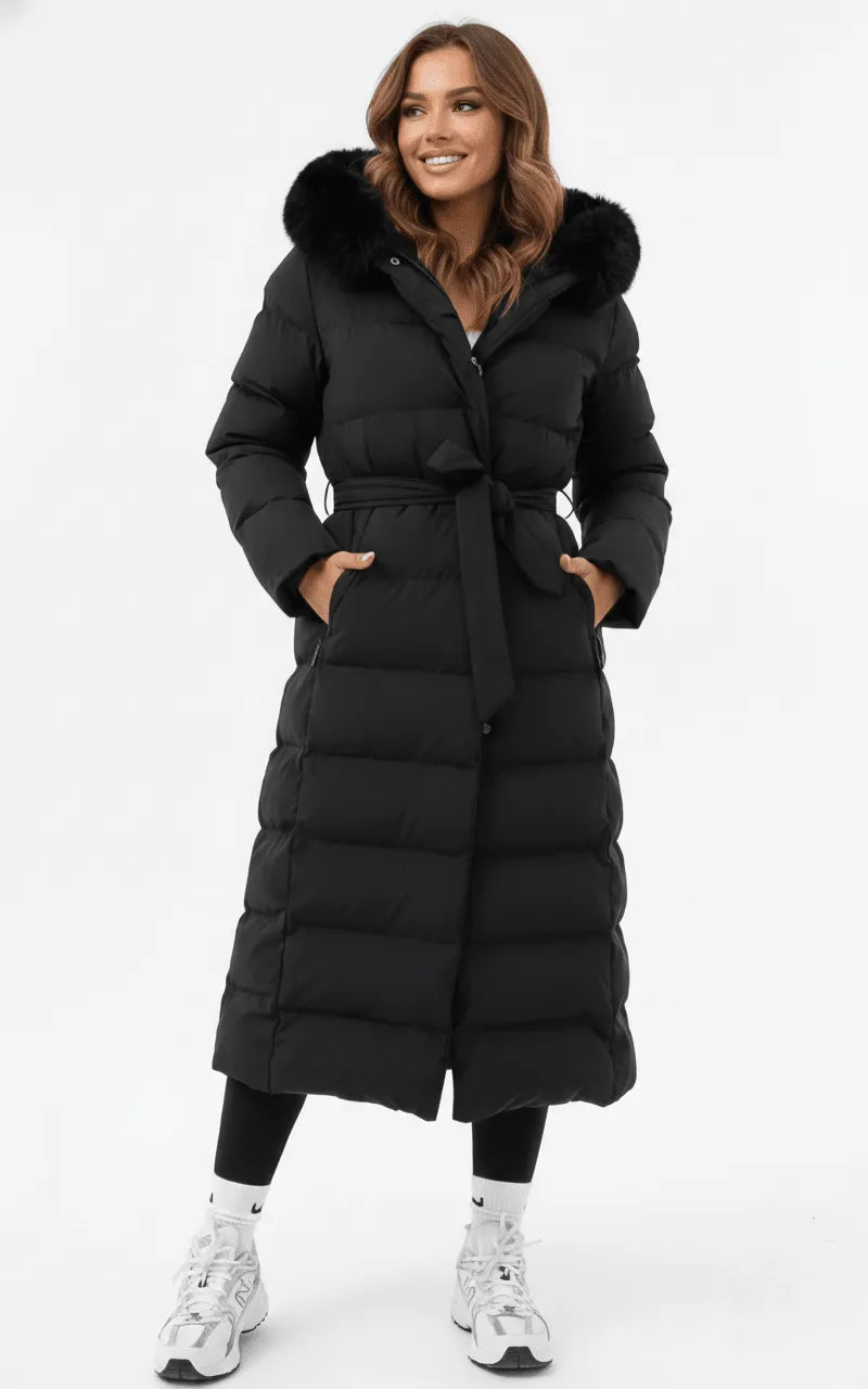 Lange Puffer Jas Dames Met Bontkraag – Gewatteerde Winterjas Met Ceintuur