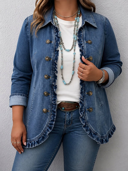 Denim Blazer Voor Dames Met Dubbele Knoopsluiting En Ruches