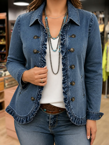 Denim Blazer Voor Dames Met Dubbele Knoopsluiting En Ruches